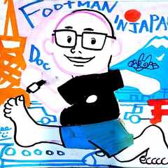 A drawing of me on canvas. It depicts a stylised version of me walking barefoot amidst some Japanese imagery (Mount Fuji, bullet train, etc.) with the text 'Footman in Japan, Doc'
