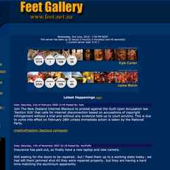 A screenshot of the original feet.net.nz from 2010. The background is dark blue, with the soles of two bare feet serving at the top-left as a logo. Next to the feet, text in a large yellow text reads 'Feet Gallery'. Due to how web technology has marched on, some of the fonts are incorrectly sized.