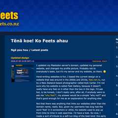 A screenshot of this website, feets.co.nz, using a similar design to the previous screenshot. The bagkground is a slightly lighter blue. It imitates the original website's logo using a foot instead of two feet, the large yellow text reads 'Feets', and there is a sidebar.