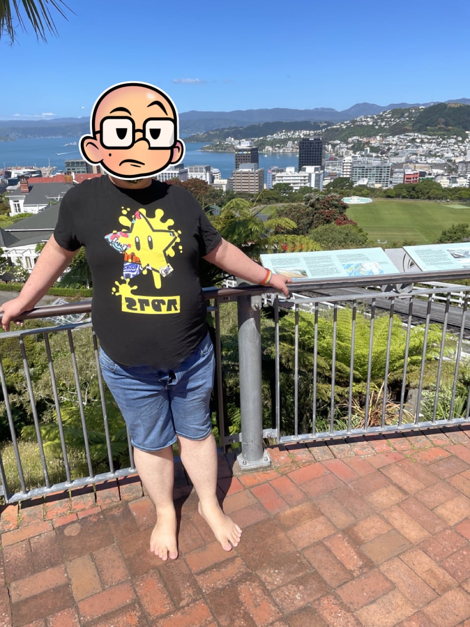 Feets leans against a fence railing outside of the cable car. Wellington city on a clear, sunny day can be seen behind in the distance
