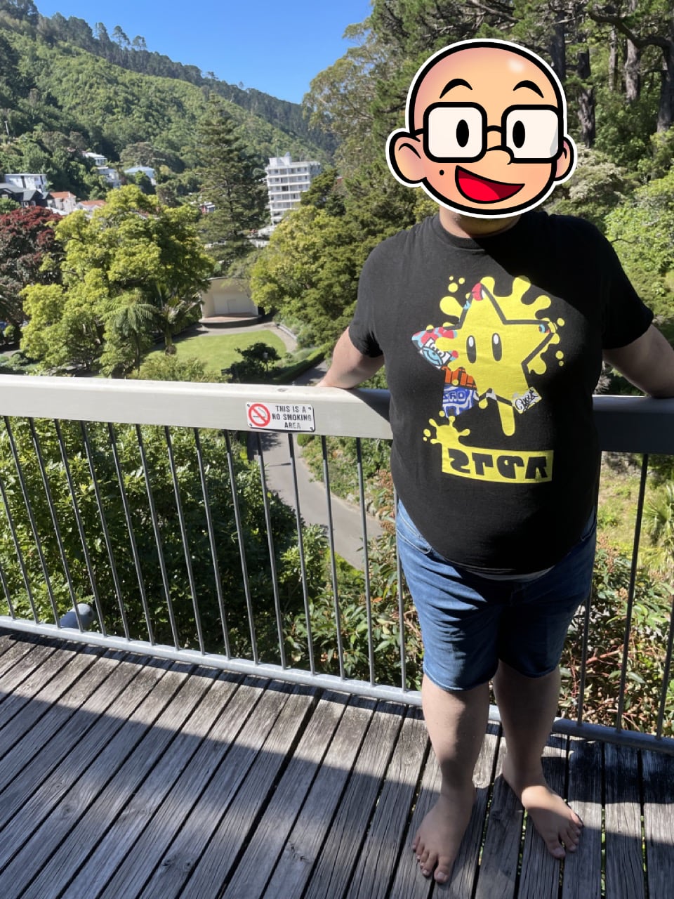 Feets stands on a verrandah overlooking a path and some green trees