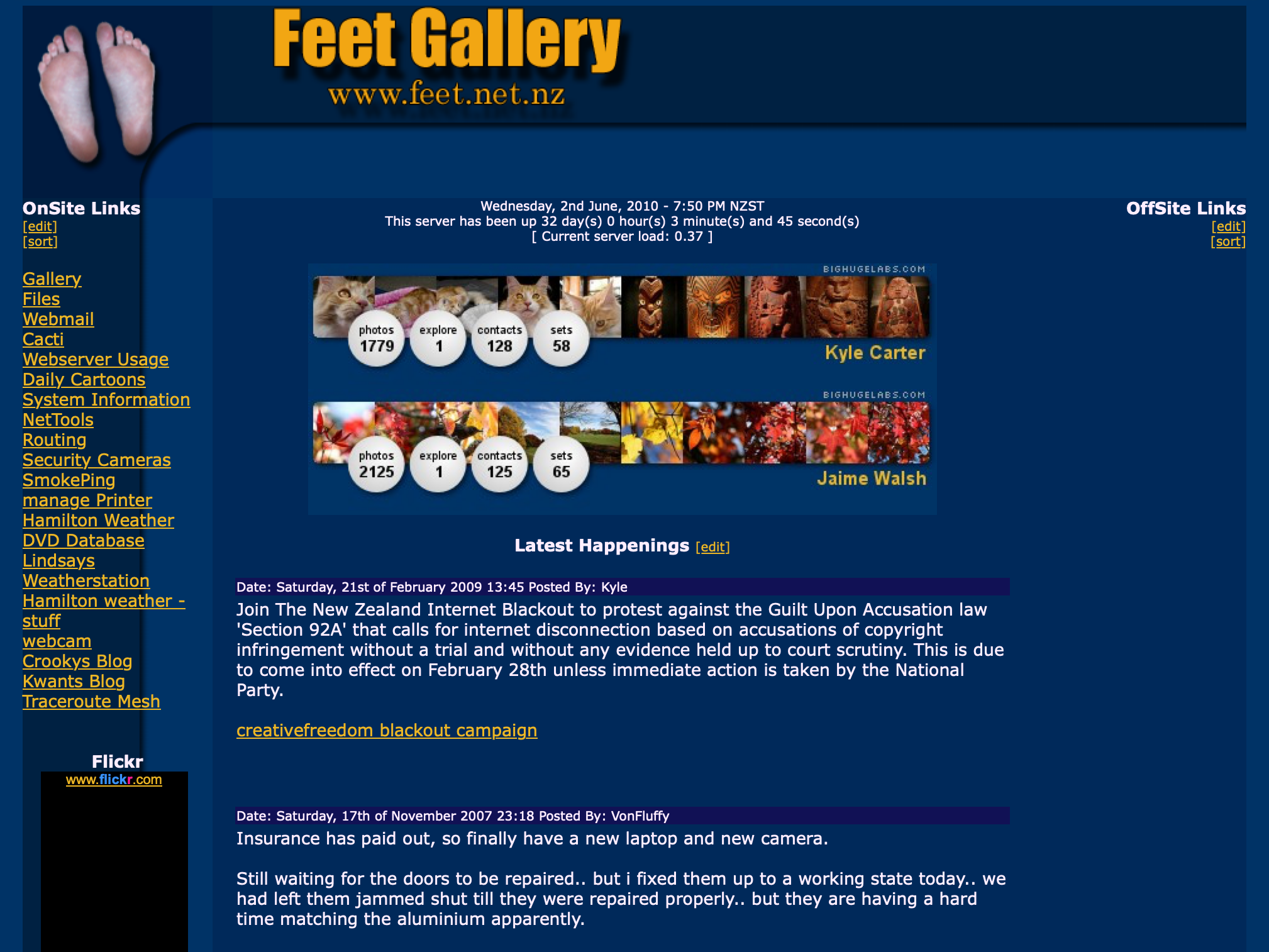 A screenshot of the original feet.net.nz from 2010. The background is dark blue, with the soles of two bare feet serving at the top-left as a logo. Next to the feet, text in a large yellow text reads 'Feet Gallery'. Due to how web technology has marched on, some of the fonts are incorrectly sized.