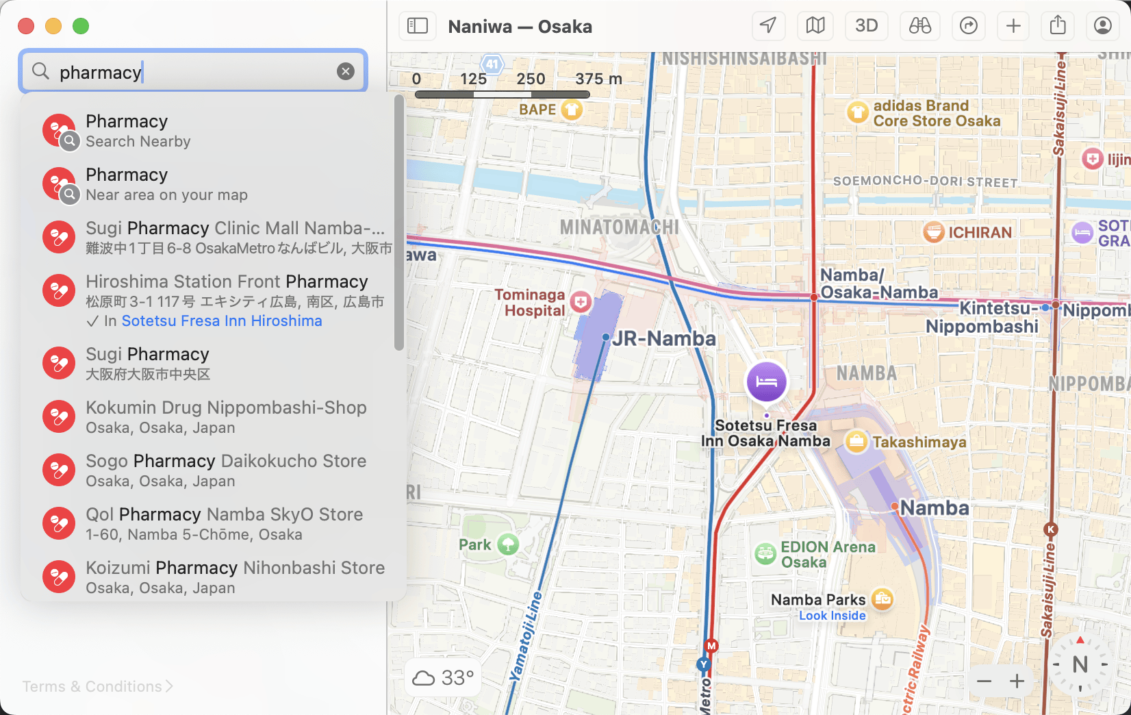 A screenshot of Apple Maps in macOS 15, showing the two types of suggested results for a search for 'pharmacy': 'Search Nearby' and 'Near area on your map'.